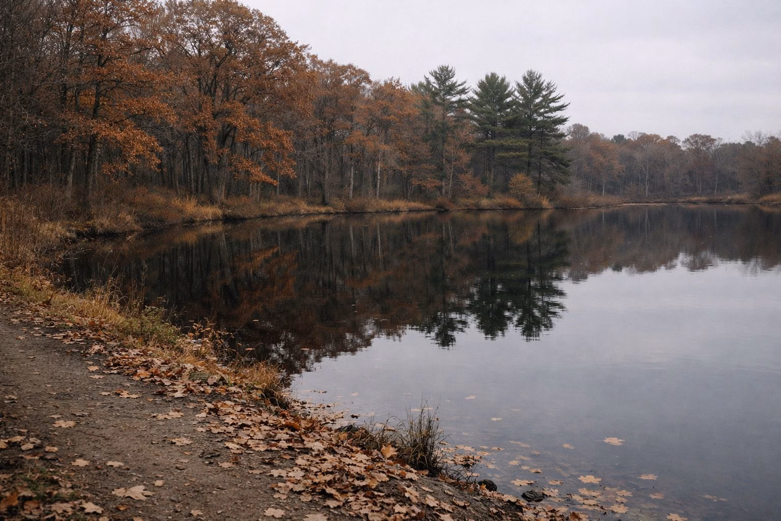 Still water at the edge of a small pond, with fall oaks and white pines reflected