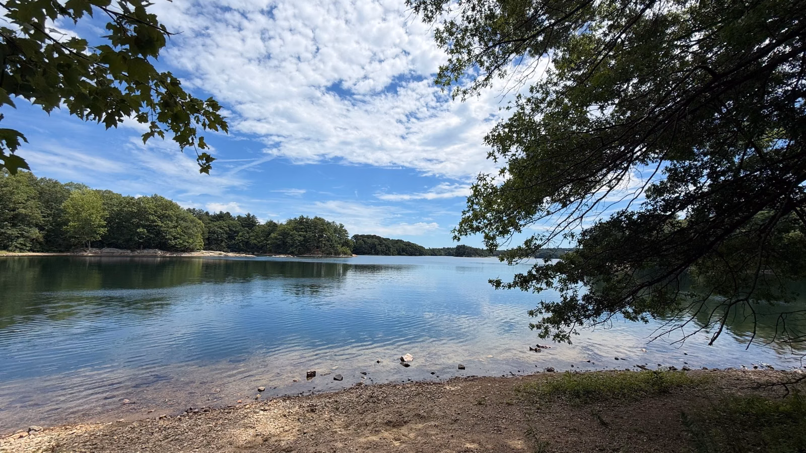 Spot Pond's north shore under summer clouds, Middlesex Fells, Stoneham