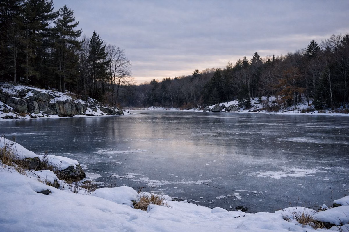 Frozen pond seen from a snowy bank under low afternoon light