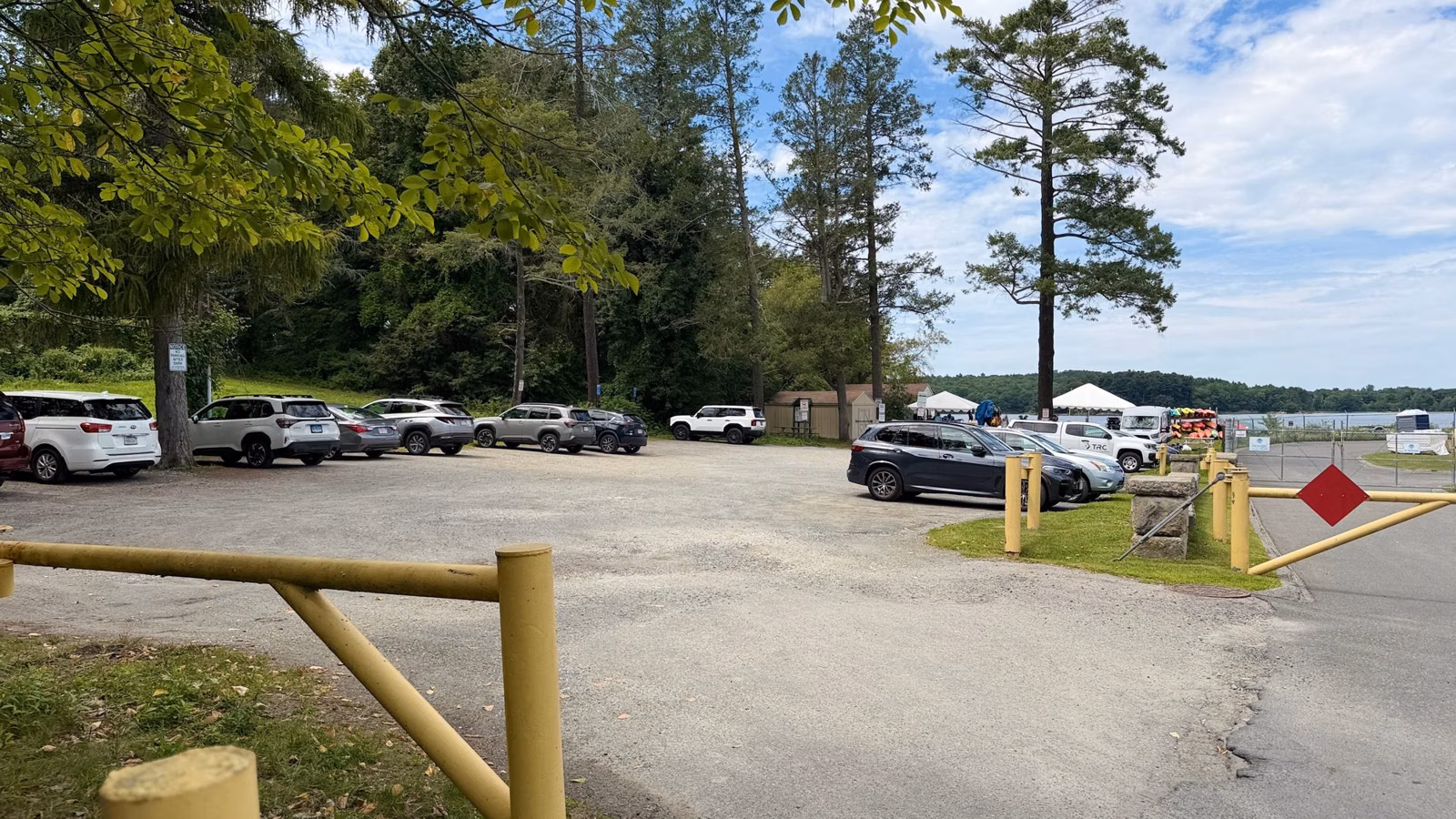 Gravel parking lot off Woodland Road beside Spot Pond, Middlesex Fells, Stoneham