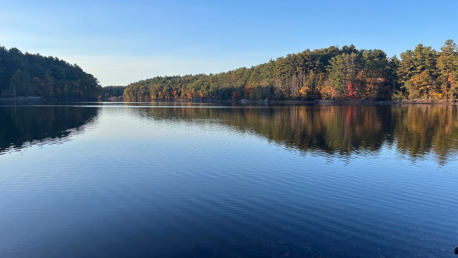 Calm reservoir reflecting a wooded shore with early fall color, Middlesex Fells, Stoneham