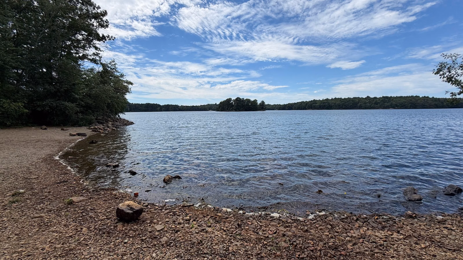 Spot Pond and its wooded islands seen from the Woodland Road shore, Middlesex Fells, Stoneham
